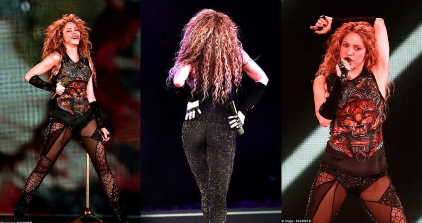 Shakira shows off her peachy posterior in sheer sparkly leggings