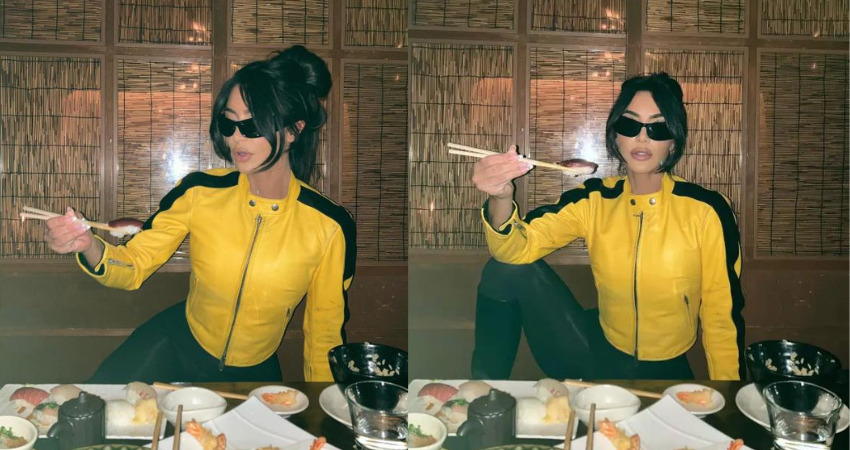 Kim Kardashian shows off her famous ʙuтт in skintight leggings and imitates Uma Thurman’s Kill Bill role on sushi date