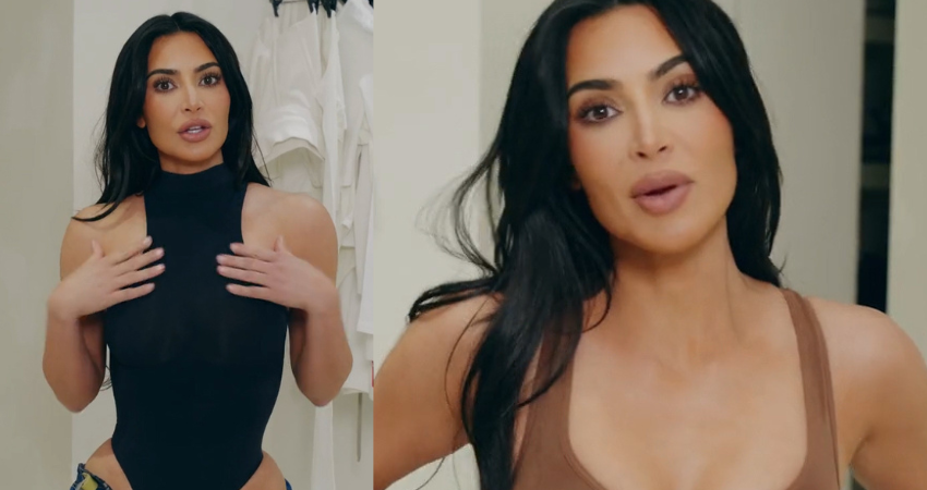 SKIM-PY KIM Kim Kardashian nearly suffers NSFW wardrobe malfunction as she pours out of waist-snatching Skims bodysuit in new video