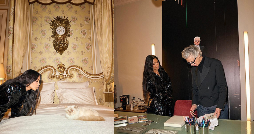 Kim Kardashian spends time with Karl Lagerfeld’s cat Choupette in Paris… days before the Met Gala with the late designer as the theme