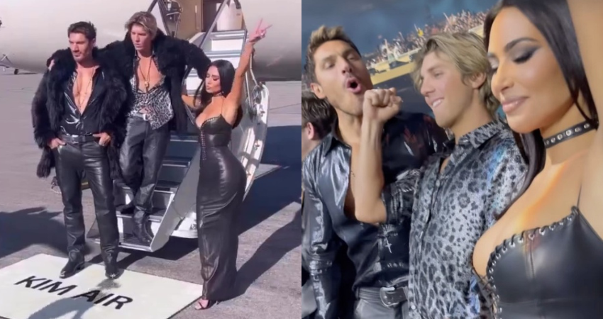 FLY HIGH Kim Kardashian poses in front of $150M private jet in tight leather dress for new video after partying at Usher concert