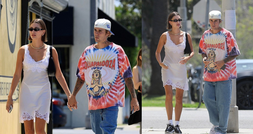 Justin Bieber’s wife flashes her underwear in VERY see-through slip dress while hand-in-hand with husband Justin in West Hollywood