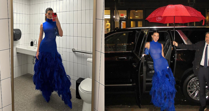 Kendall Jenner exudes elegance in sheer royal blue gown adorned with feathers and matching boots for a Karl Lagerfeld retrospective in NYC