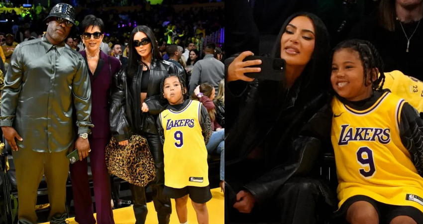 Kim Kardashian’s son Saint sits courtside in Tristan Thompson Lakers jersey