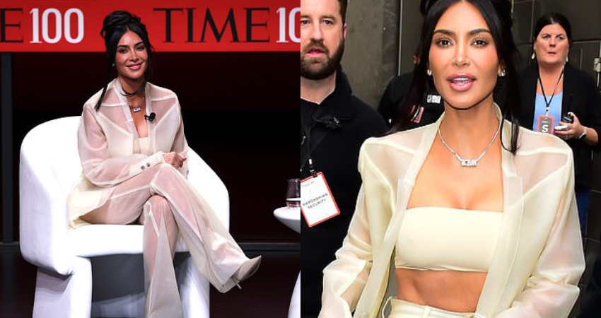 Kim Kardashian showcases her flat midriff and her ample cleavage in crop top, a sheer blazer and matching trousers at Time 100 event in NYC