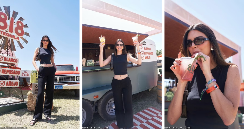 Kendall Jenner bares her abs in black crop top and frayed trousers as she supports her 818 Tequila brand over Coachella weekend