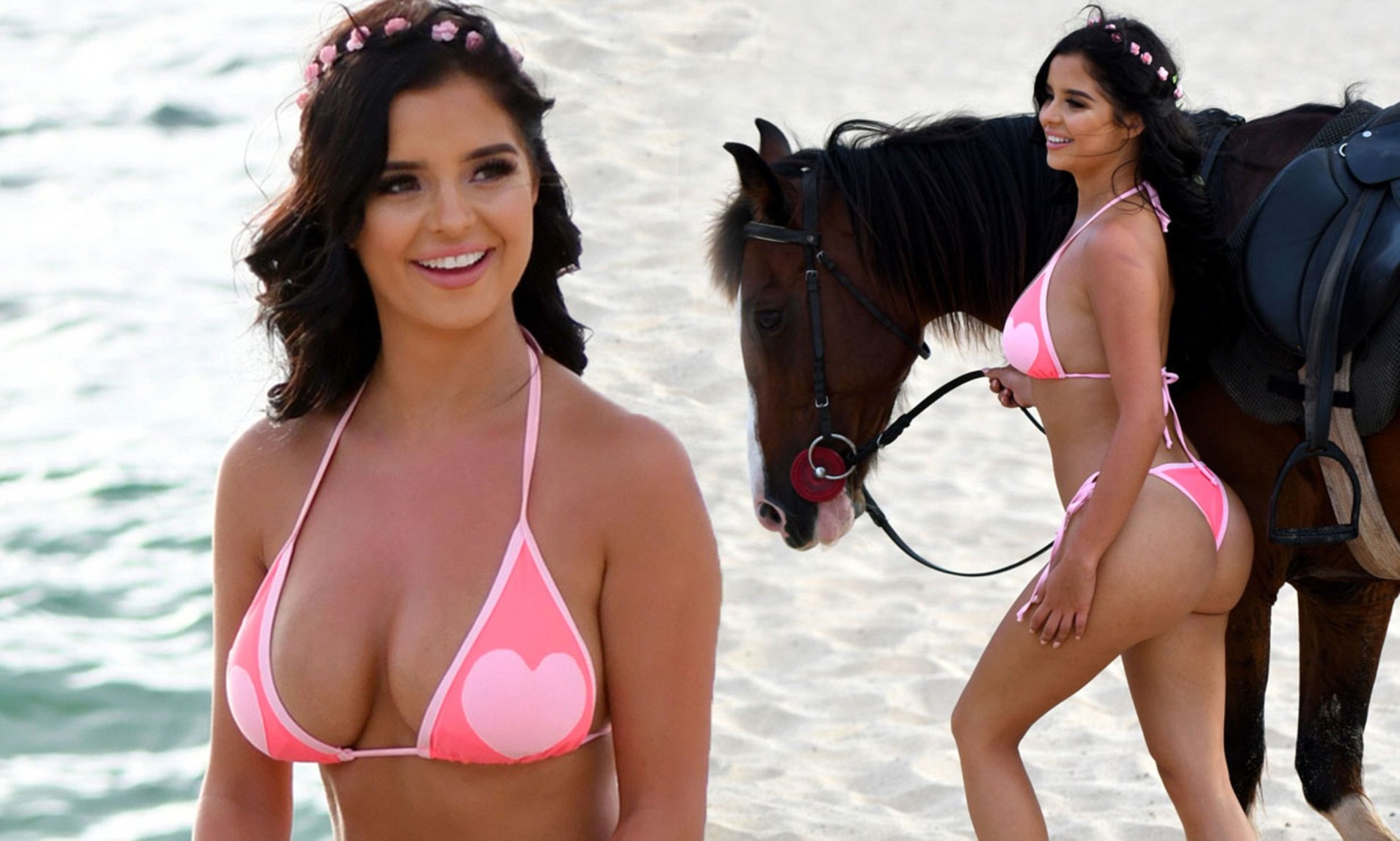 Demi Rose flaunts her hourglᴀss curves in heart-embellished thong ʙικιɴι as she enjoys a horse-back ride on the beach in Cape Verde