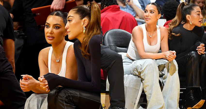 Kim Kardashian is casual cool in a white tank top and denim jeans while stylish Adele enjoys date night with boyfriend Rich Paul during the 2023 NBA playoff game in LA