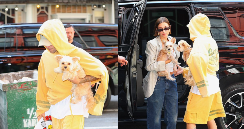 Who let the dogs out? Justin Bieber and his wife Hailey make the rare move of stepping out with their pooches Piggy Lou and Oscar in New York City