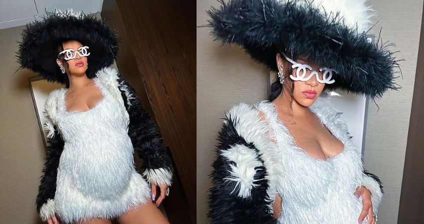 Rihanna stuns in head-to-toe furry look by Karl Lagerfeld with enormous matching hat as she leaves a restaurant ahead of the Met Gala