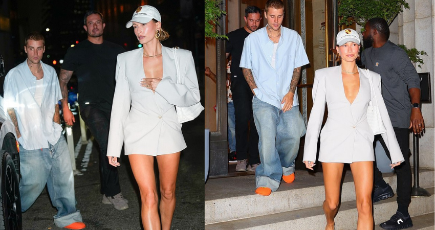 Justin Bieber’s wife flashes cleavage by going TOPLESS under a blazer as she and husband Justin enjoy a dinner date at Nobu in New York City