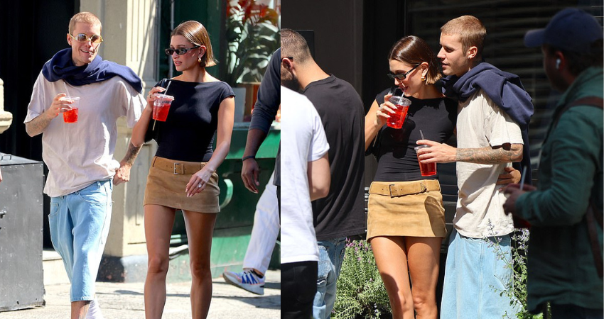 Justin and Hailey Bieber look smitten as they wrap their arms around each other during a shopping trip with friends in New York City