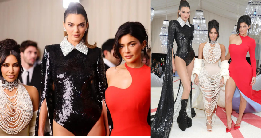 Kim Kardashian poses with sisters Kendall and Kylie Jenner at Met Gala 2023