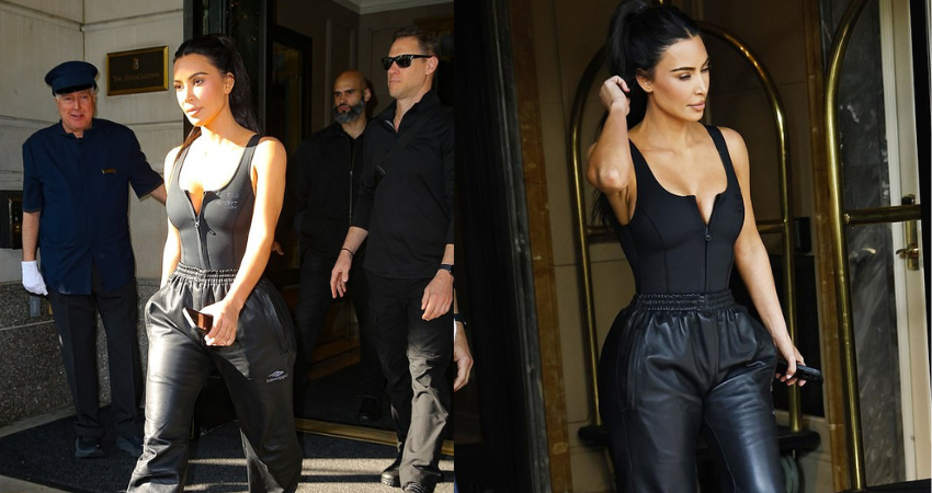 Kim Kardashian flaunts her gorgeous curves in a busty black bodysuit and leather trousers as she leaves her NYC H๏τel to head to the Today Show