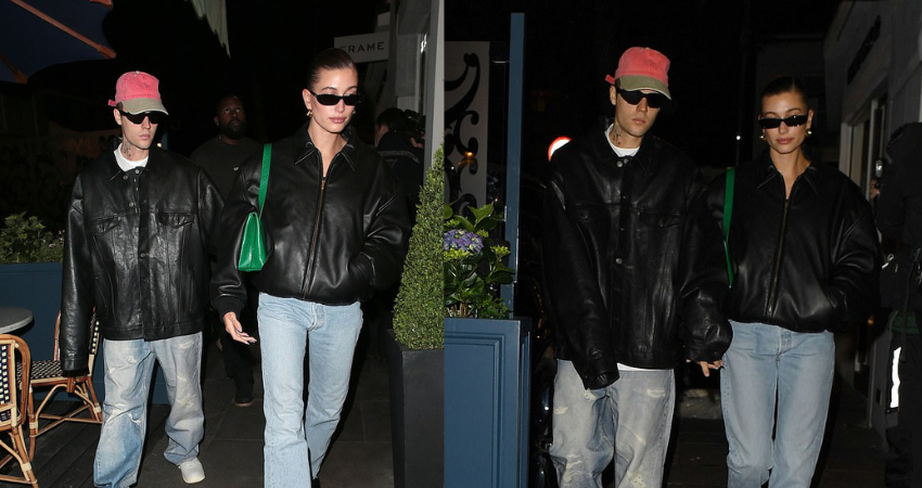 Hailey Bieber and husband Justin look typically stylish in matching leather jackets as they enjoy a date night in London