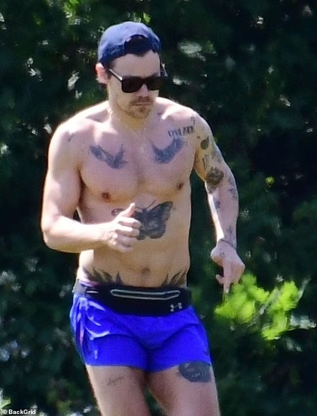 Shirtless Harry Styles shows off his toned and inked physique while working up a sweat during a training session in London