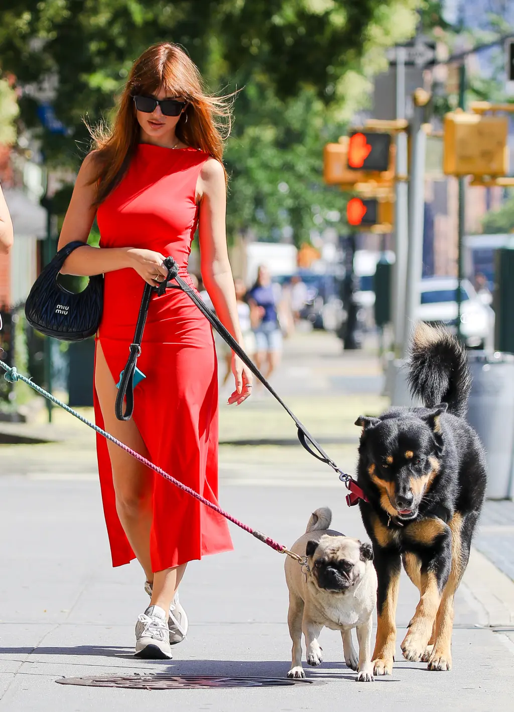 Emily Ratajkowski walks her dog in daring slit-up-to-there red dress