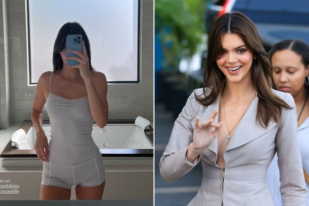 Kendall Jenner shows off her figure in a skintight tank top and tiny shorts as fans think she got a ‘secret boob job’