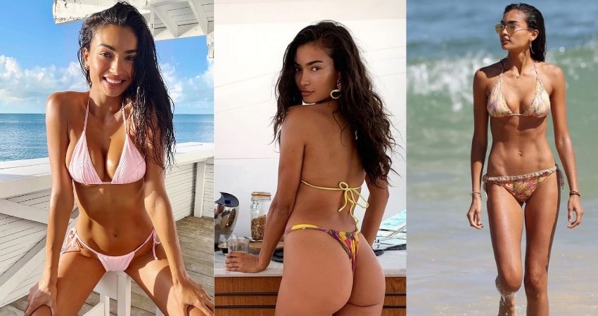 ‘Another night in paradise’: Kelly Gale sends pulses racing in a blue cutaway dress after denying she has ‘over exercised’ to maintain her physique