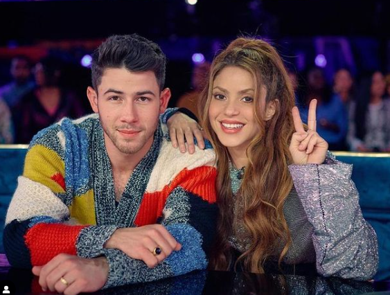 Shakira celebrates with Nick Jonas