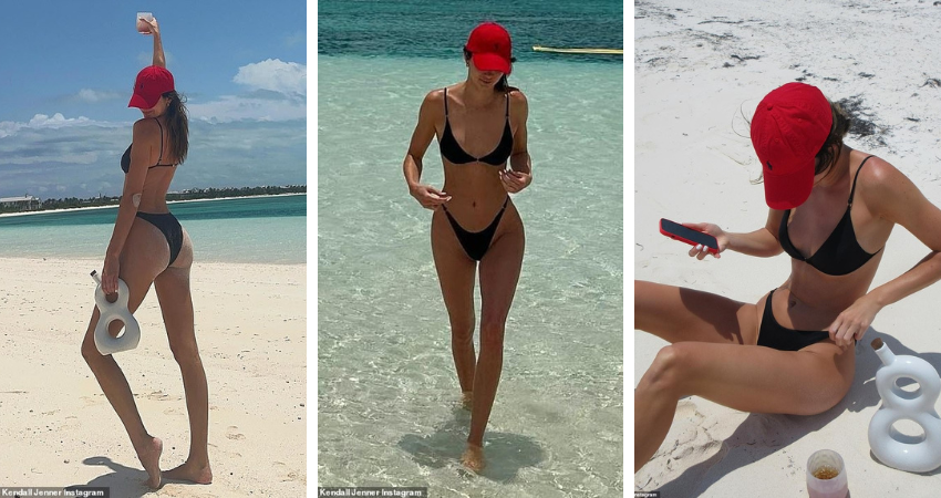 Drinking tequila while working on her tan! Kendall Jenner showcases her toned figure in a black ʙικιɴι while plugging her 818 brand