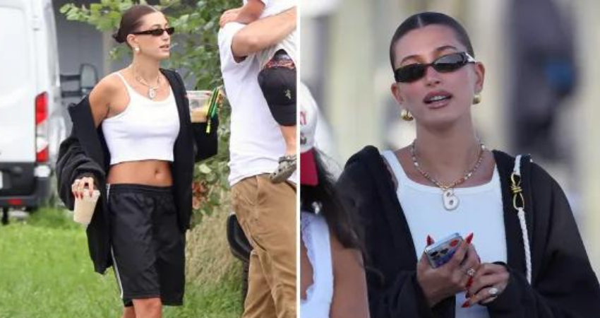 MOM OUTING? Hailey Bieber shows off her bare belly in white crop top on Hamptons trip with husband Justin amid pregnancy rumors