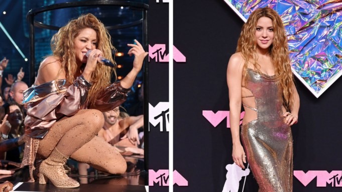 Shakira Shines In Versace Cutout Gold Dress and Embellished Look for MTV VMAs 2023