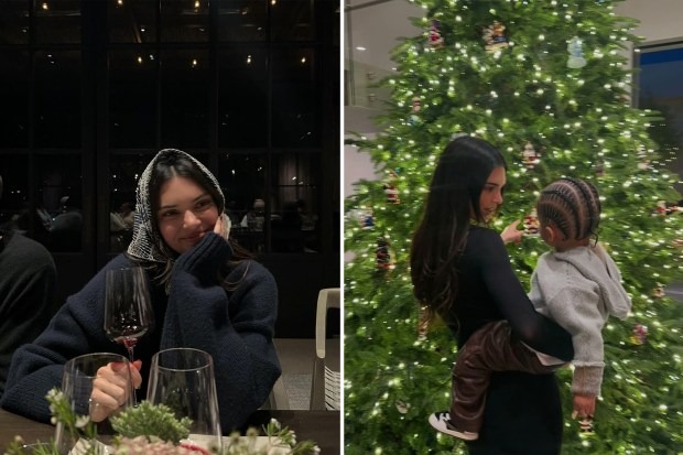 AUNT DUTIES Kendall Jenner holds nephew Aire, 1, as she shows off sister Kylie’s elaborate Christmas decorations in $36M LA mansion