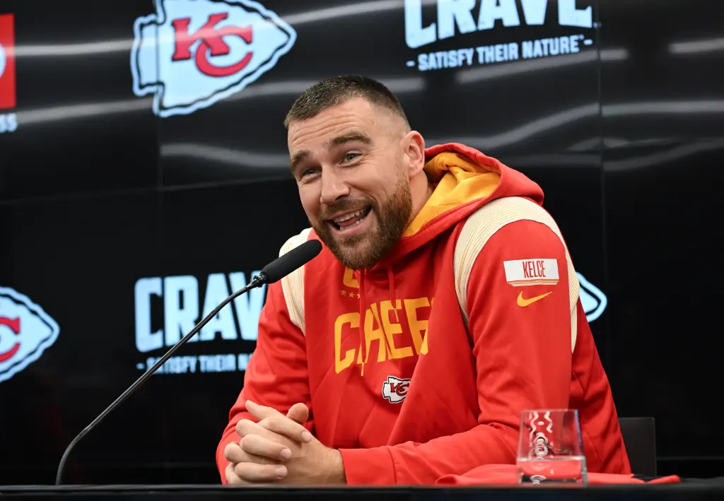 Watch Travis Kelce’s coy response when asked whether he’s in love with Taylor Swift