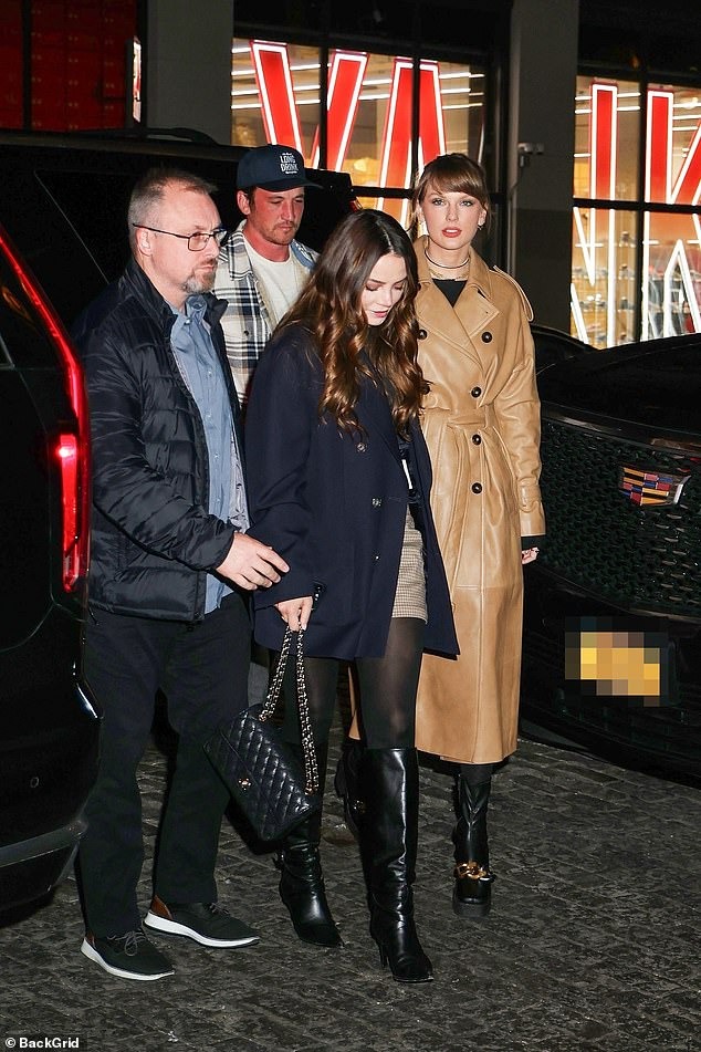 Taylor Swift is all smiles as she rings in her 34th birthday with Miles Teller and his wife Keleigh Sperry as they leave a restaurant in the early hours