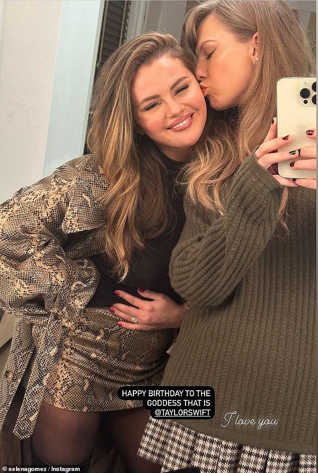 Selena Gomez wishes ‘goddess’ Taylor Swift a happy 34th birthday with sweet snap that shows singer giving her a kiss on the cheek: ‘I love you’