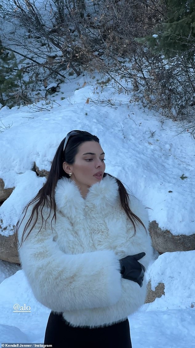 Kendall Jenner poses in a fluffy white jacket after being SLAMMED by animal activists for wearing $27k shearling coat… but this time it’s faux fur