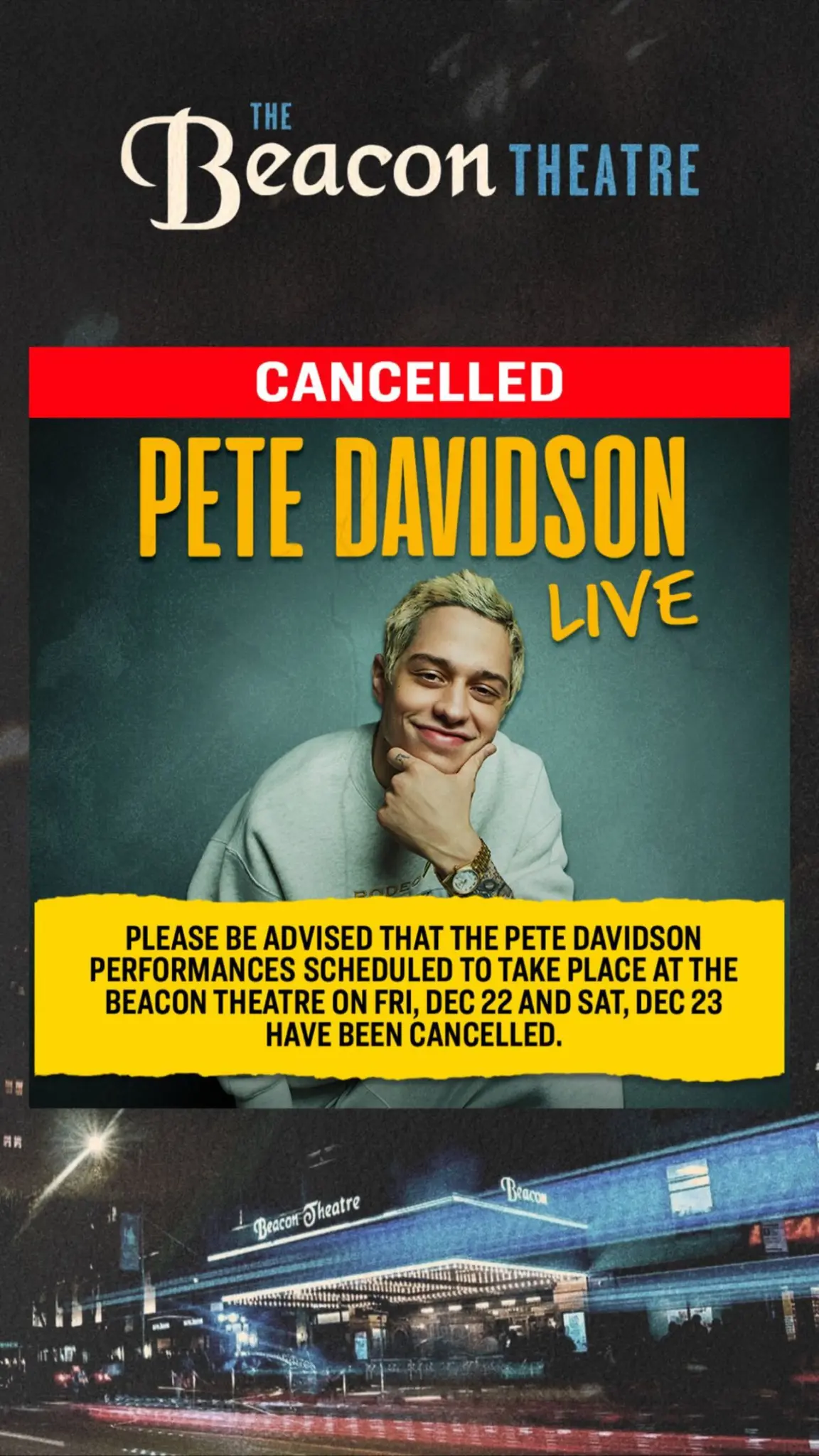 Pete Davidson cancels NYC performance 2 hours before showtime due to ‘unforeseen circumstances’