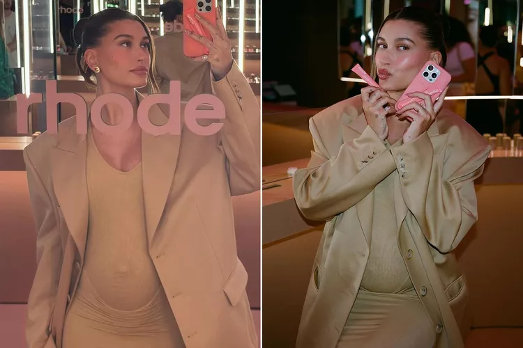 Pregnant Hailey Bieber Dresses Her Bump in Tan Dress and Matching Blazer at Rhode Pop-Up Event