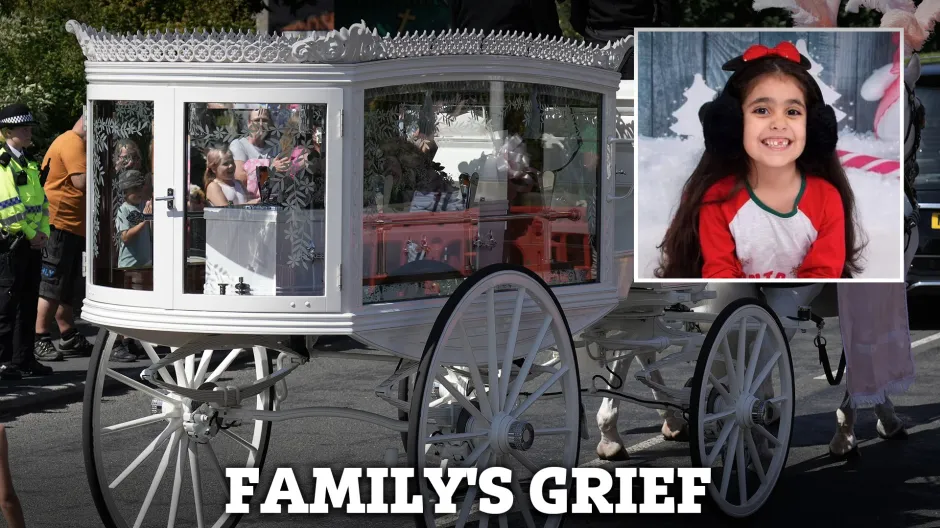 GOODBYE PRINCESS Mourners dress in white for funeral of Southport victim Alice Da Silva Aguiar, 9, as streets filled with floral tributes